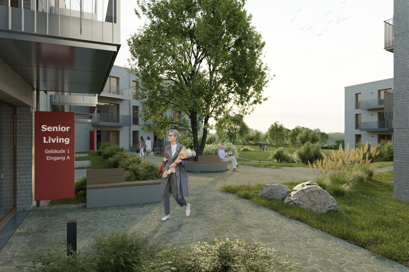 Visualisierung der Wohnanlage Senior Living 60+ mit Menschen im Garten